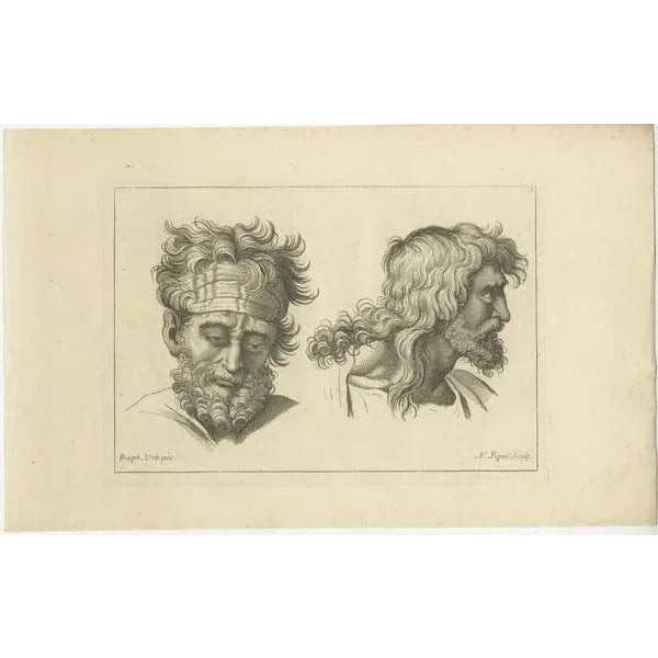 The engraving presented here exhibits two male figures, each bearing a unique expression and hairstyle, likely echoing the...