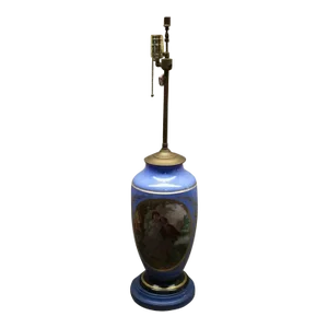 Mid 20th Century Romantic Hand-Painted French Porcelain Lamp With Blue and Gold Accents