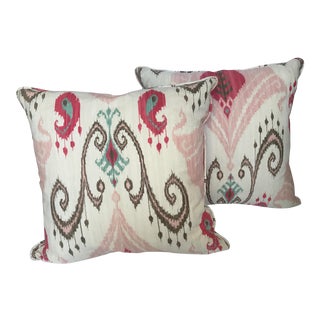 Pink & Brown Ikat Cotton Down Filled Pillows - A Pair For Sale