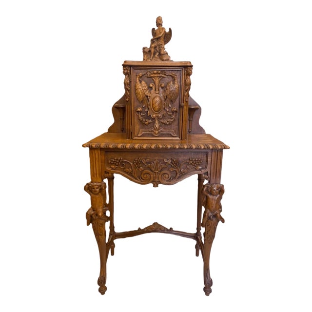 Antique Danish Carved Cherubs Wood Phone Cabinet With Genius Top For Sale