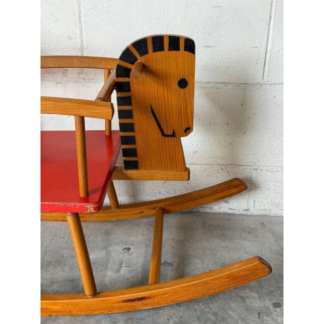 1960s Pine Rocking Horse Toy With Red Seat Danish Mid-Century Modern 1960s For Sale - Image 5 of 10