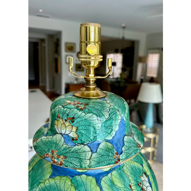 Green Single Chinese Green Lotus Flower Porcelain Table Lamp For Sale - Image 8 of 18