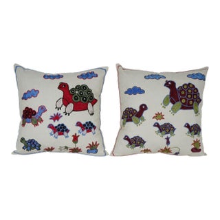 Hand Embroidered Turtle Suzani Pillow Cover - A Pair For Sale