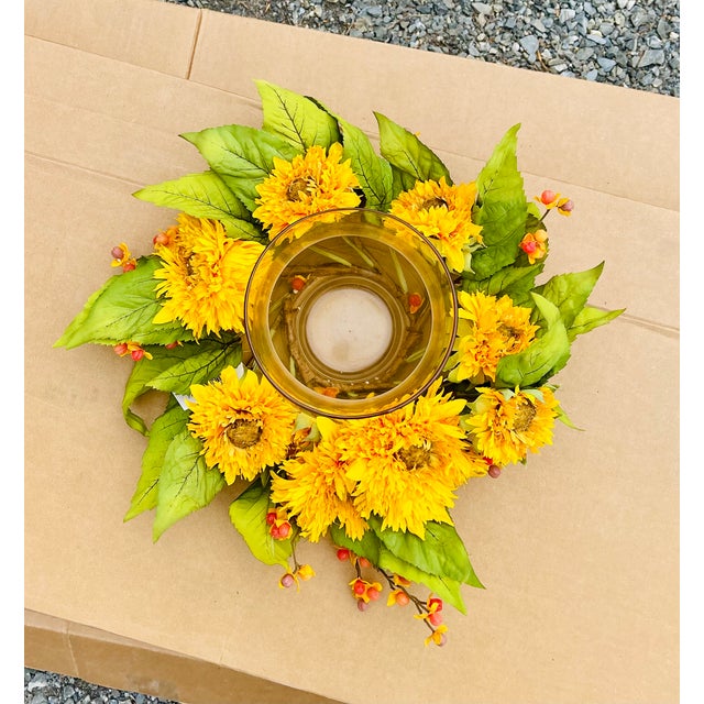 English Natural Looking Beautiful Golden Sunflower Candle Holder Silk Flower Arrangement For Sale - Image 3 of 9