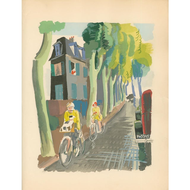 Original 1932 Art Deco sporting print by Milivoj Uzelac depicting cyclists traveling along a tree-lined French road. From...