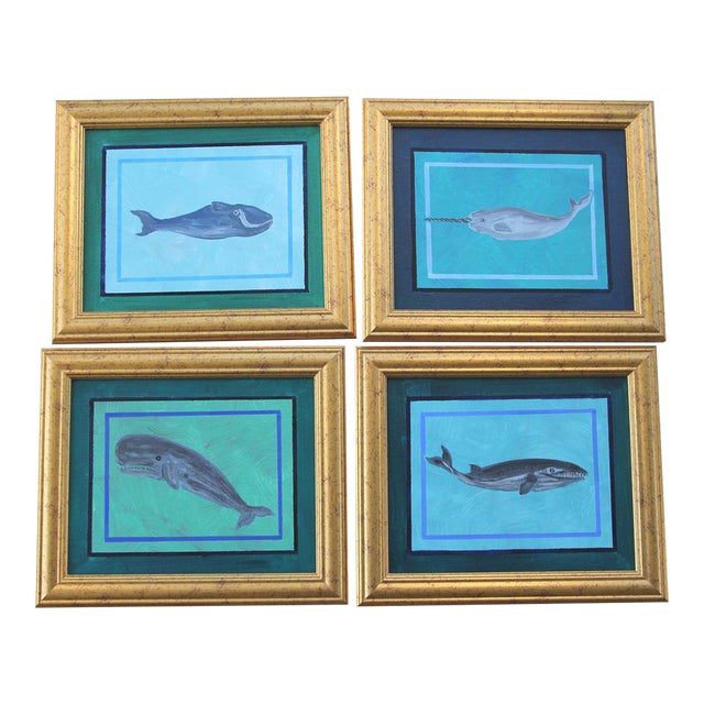 Whale Coastal Nautical Minimalism Folk Art Blue Gray Original Oil Paintings Set/4 by Cleo Plowden For Sale