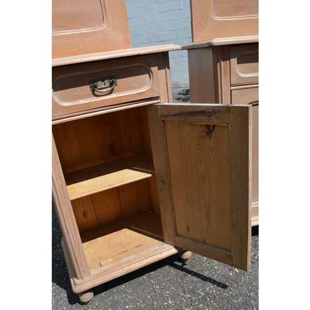 Vintage Pair Rustic Pine Wood Nightstands W/ Drawer / Cupboard & Back Splash For Sale - Image 6 of 18