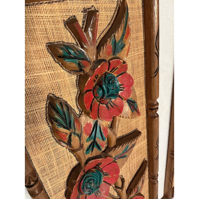 Brown Pair Mid Century Carved Wood Flower Art Wall Hanging Plaques, Tiki Bar Tropical Exotic Decor Circa 50s 60s For Sale - Image 8 of 12