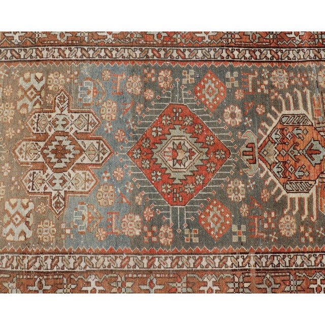 Antique Persian Long Serapi Runner With Multi Medallions in Green, Blue, Orange For Sale - Image 11 of 14