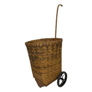 Mid Century Split Wood Rolling Market Basket For Sale