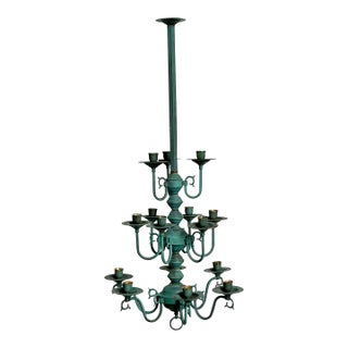 Vintage Boho Verdigris 15 Arm Chandelier For Sale
