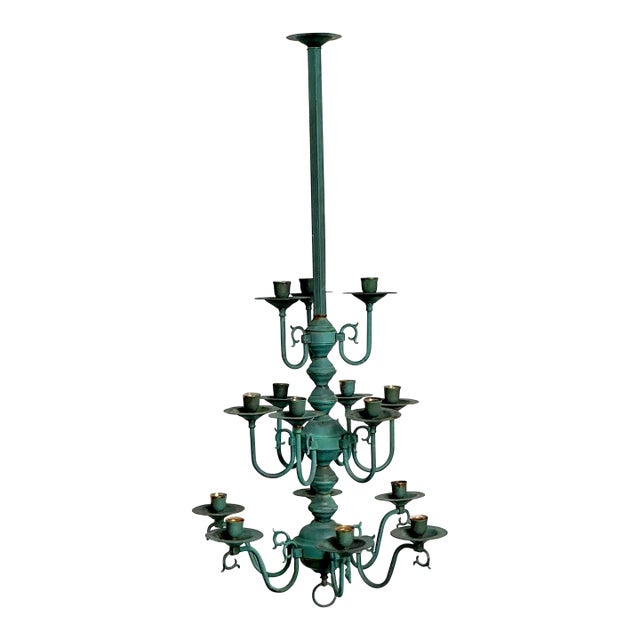 Vintage Boho Verdigris 15 Arm Chandelier For Sale
