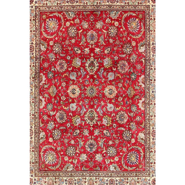 English Semi Antique Persian Tabriz Rug With All-Over Blossom Design in Red and Ivory For Sale - Image 3 of 12