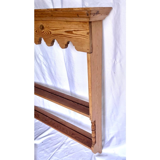 Vintage natural pine wall shelf hand crafted plate rack. Two shelves with groove to position plates. Upper shelf is...