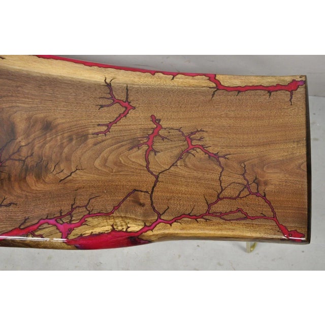 Brown Live Edge Black Walnut Surfboard Coffee Table Red Resin Lacquer Hairpin Legs For Sale - Image 8 of 11