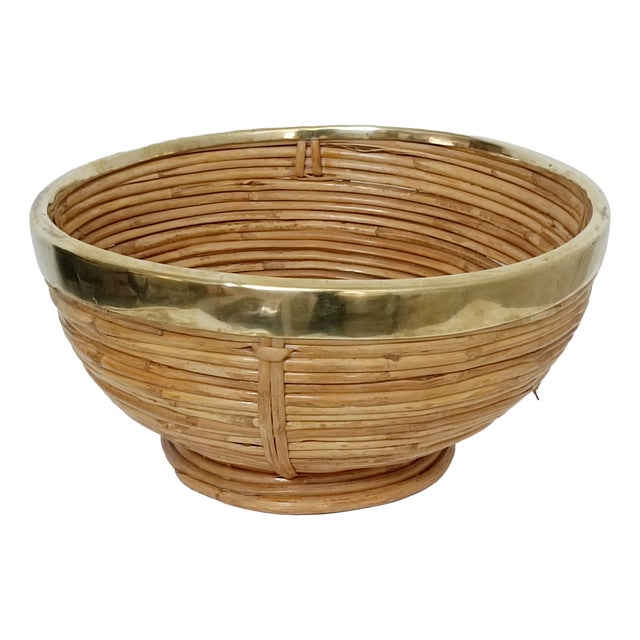 Rattan and Brass Fruit Basket, 1970s For Sale