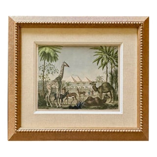 African Safari With Giraffe, Camel & Giza Pyramids – Antique Engraving by Johann Georg Heck, 1852, Custom Framed For Sale