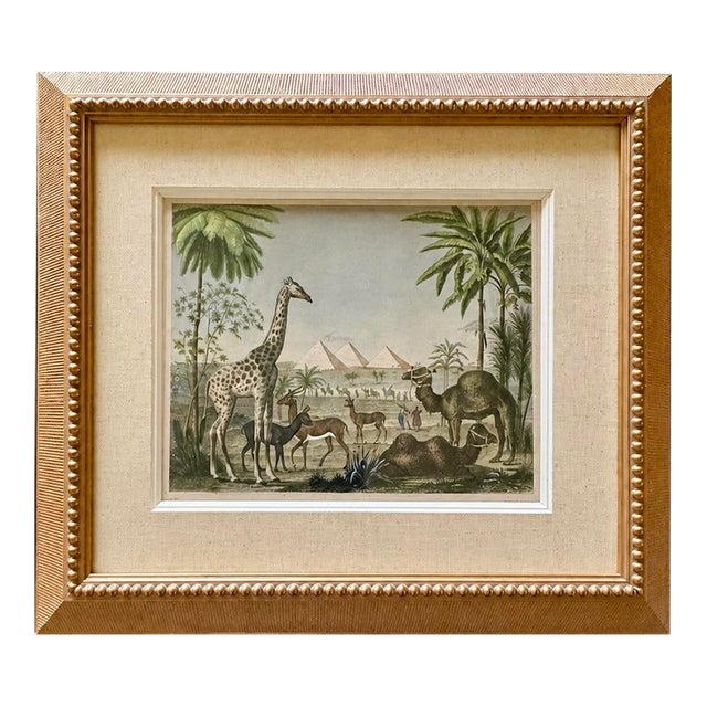 African Safari With Giraffe, Camel & Giza Pyramids – Antique Engraving by Johann Georg Heck, 1852, Custom Framed For Sale