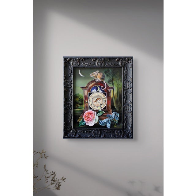 Early 21st Century Timeless Dreamer by Claudia Griesbach-Martucci | Oil on Artefex Mouse on a clock with a rose and ribbon. For Sale - Image 5 of 5