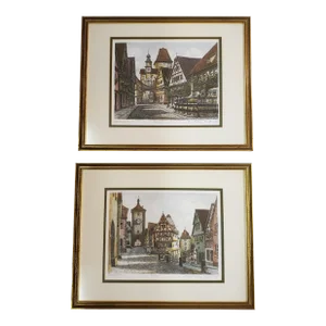 Hand-Colored Etchings of Rothenburg, Germany, a Pair, Framed