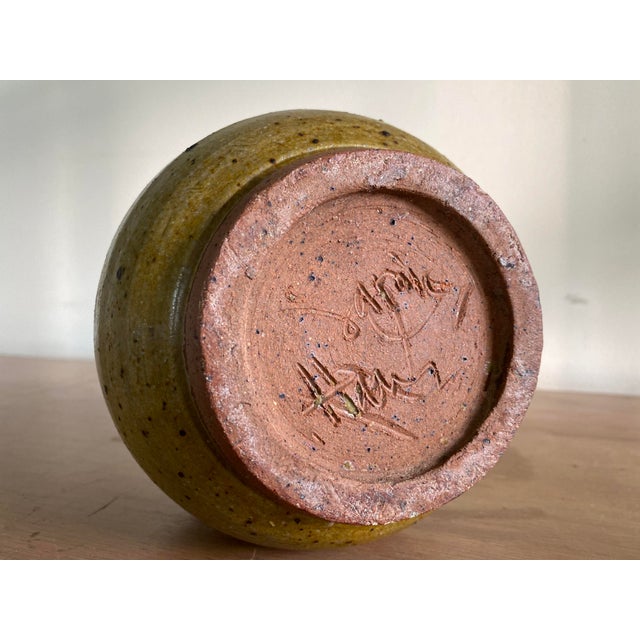Olive Mid-Century Signed Brutalist Stoneware Pottery Vase With Abstract Glaze For Sale - Image 8 of 9