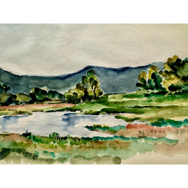 Rustic 1950s Henry Emil Salloch Original Watercolor on Paper Mountain Valley Pond. For Sale - Image 3 of 6