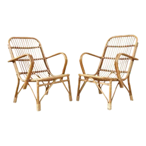 Italian Franco Albini Attributed Mid Century Bamboo Woven Lounge Chairs - a Pair