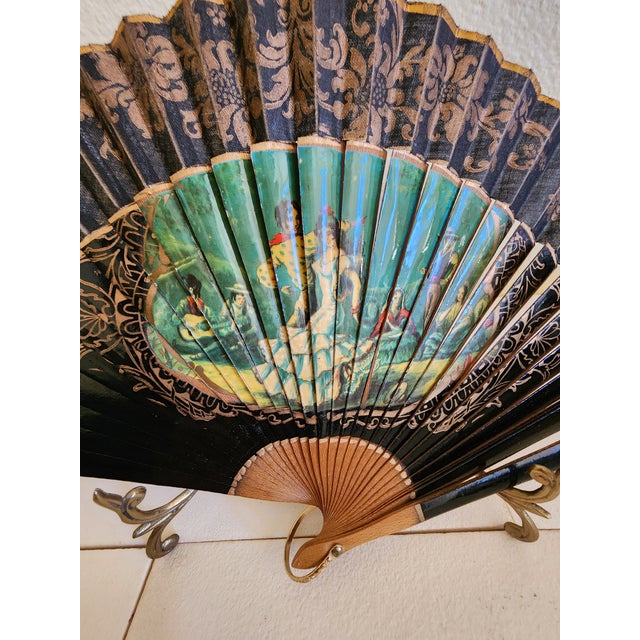 Vintage Hand Painted Fan With Black Lacquer of Romantic Spaniard Dancers For Sale - Image 9 of 9