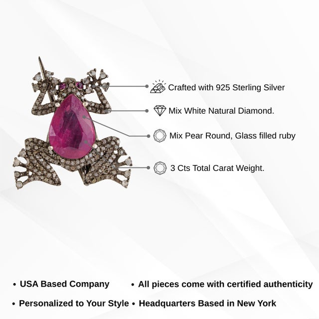 1890s Revival Inspired Silver & 3Ct Natural Ruby Diamond Pavé Frog Brooch Pendant For Sale - Image 12 of 14