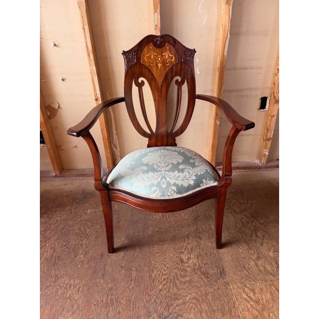 Antique Art Nouveau Marquetry Mixed Wood Oak Open Armchair It featured with marquetry with pearl inlay.,Carved mahogany &...