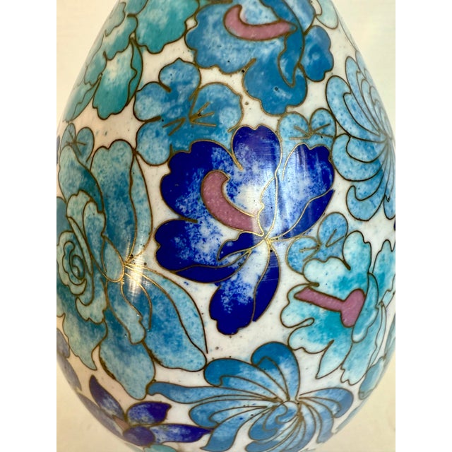 1970s Vintage Display Size Blue Floral Cloisonné Egg on Wood Stand For Sale - Image 5 of 12