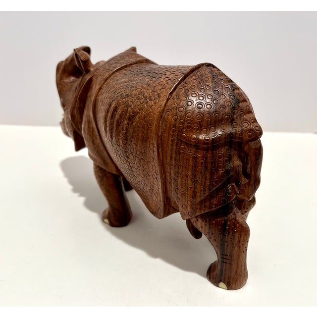 Wood 1970s Set of 3 Hand-Carved Solid Wood Rhinoceros Sculptures, Textured Hide, Inlaid Teeth and Toenails For Sale - Image 7 of 18