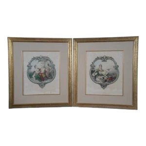 Set of 2 Francois Boucher Antique Baroque Mezzotint Poetry Engravings