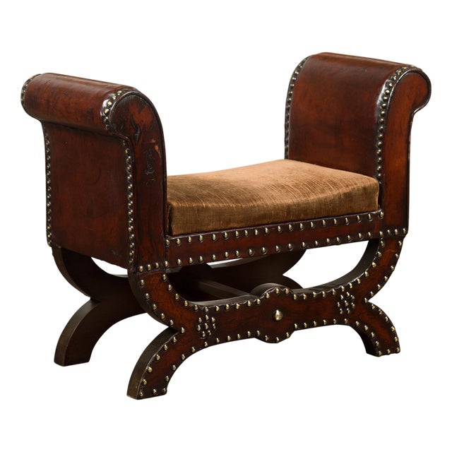 Petite English 1920s X-Form Leather Stool with Out-Scrolling Arms and Nailheads For Sale