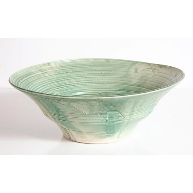 Abstract Large Celadon Glazed Ceramic Bowl With Incised Abstract Decoration For Sale - Image 3 of 9