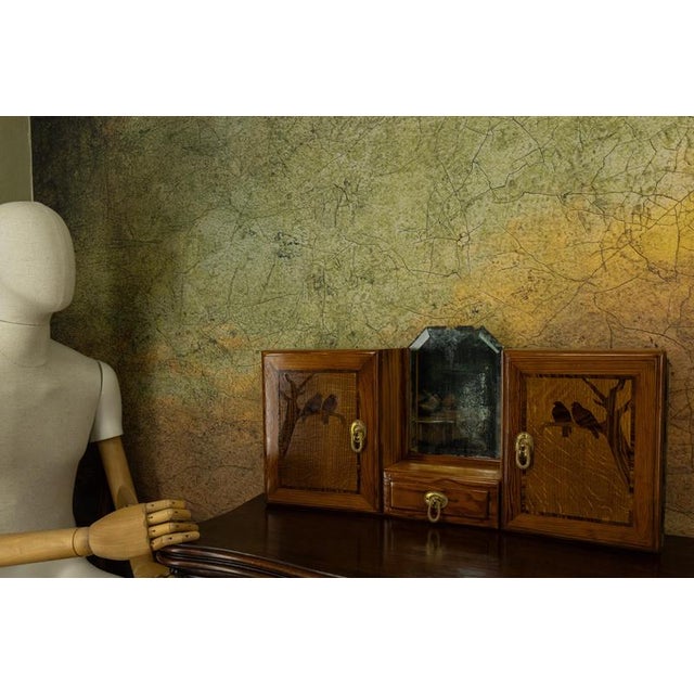 French Art Deco Pine Wood Wall Cabinet with Bird Marquetry & Mirror, 1930s For Sale - Image 11 of 18