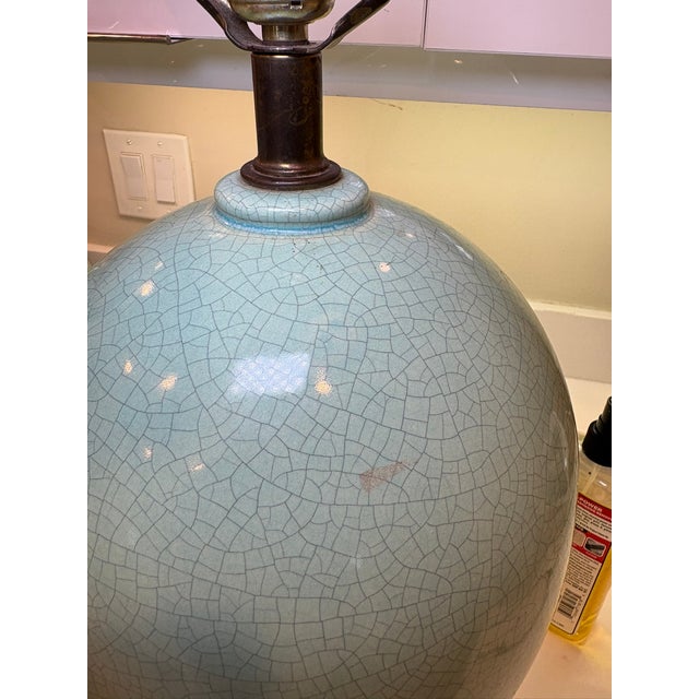 Vintage Crackle Celadon Porcelain Lamps With Brass Base & Silk Shades – A Pair For Sale - Image 12 of 16