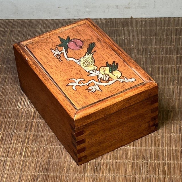 Rosewood Box With Mother of Pearl Bird & Peach Inlay - Chinese Trinket Chest For Sale - Image 9 of 9
