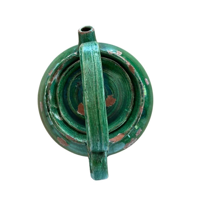 French Antique French Green Glazed Gargoulette Pitcher Terracotta W/ Lid 10.5") For Sale - Image 3 of 6