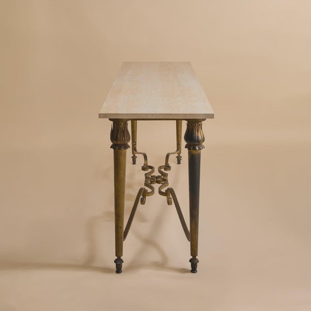 Early 20th Century French Bronze + Travertine Console From A Historic Parisian Hotel For Sale - Image 4 of 12