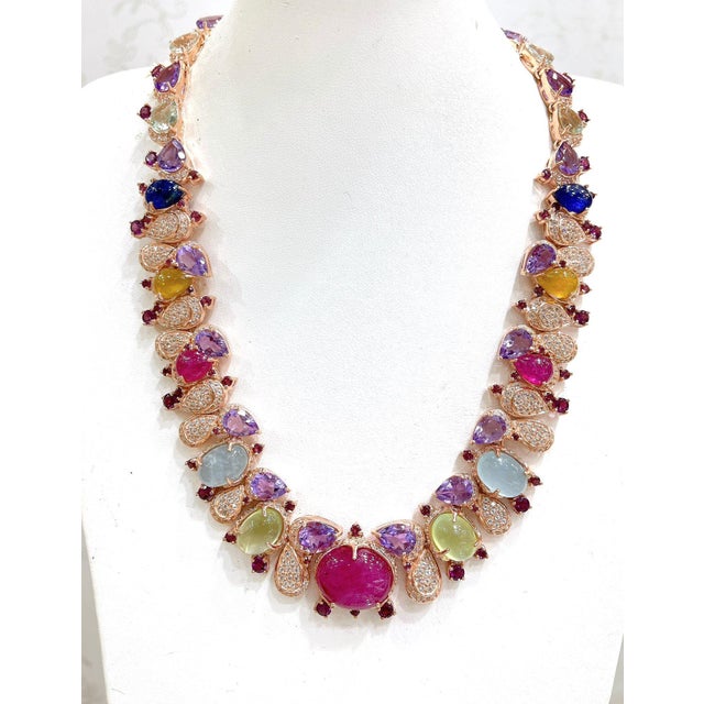 Ruby Red Bochic “Capri” Ruby Sapphire Amethyst Aquamarine & Peridot Necklace & Earrings - 3 Pieces For Sale - Image 8 of 12