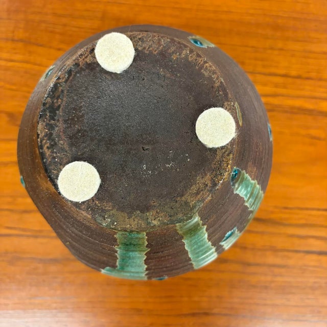 Vintage Oribe Style Studio Pottery Handled Vessel With Emerald Green Drip Glaze For Sale - Image 10 of 10