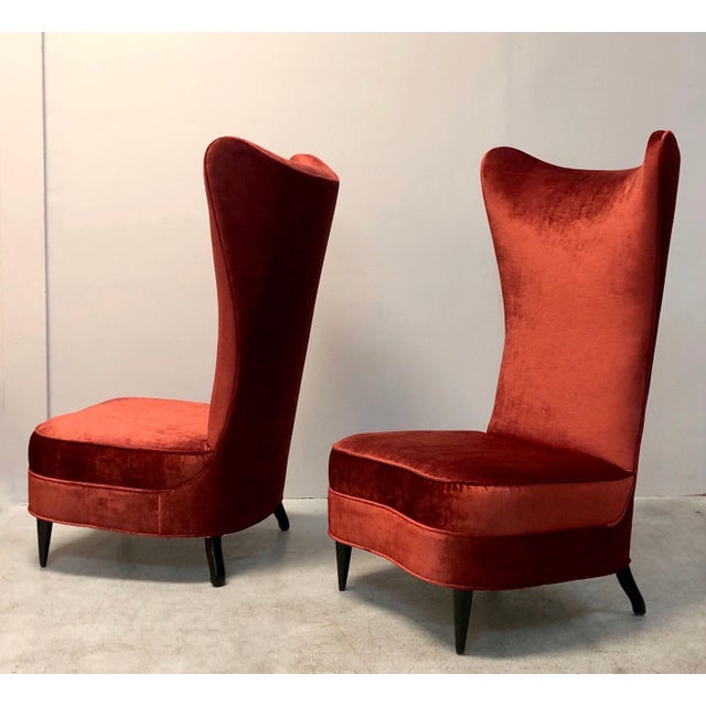 1990s Paolo Buffa Style Red Velvet Tall Back Slipper Chairs - A Pair For Sale - Image 9 of 13