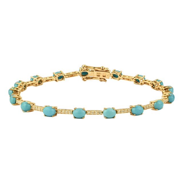 14k Solid Gold Natural 3.25ct Turquoise & Diamond Mexican Bracelet For Sale