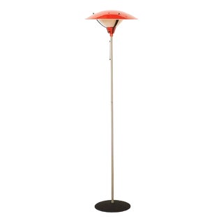 Gray Painted Tubular Steel Floor Lamp with Black Metal Base, Red Painted Metal Shade and Frosted Glass Diffuser For Sale