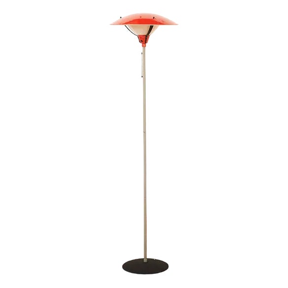 Gray Painted Tubular Steel Floor Lamp with Black Metal Base, Red Painted Metal Shade and Frosted Glass Diffuser For Sale
