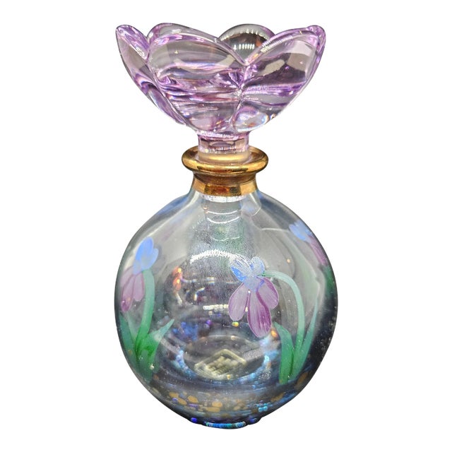 Vintage Illusions 24% Lead Crystal Empty Floral Perfume Bottle With Flower Stopper For Sale