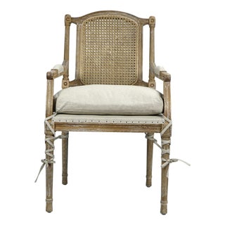 Matthew Izzo Home Cotswald Pine Wood Armchair With Weaved Lattice Back and Ample Beige Tie Cushion For Sale