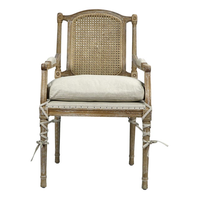 Matthew Izzo Home Cotswald Pine Wood Armchair With Weaved Lattice Back and Ample Beige Tie Cushion For Sale