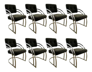 Milo Baughman Style Black Velvet and Chrome Dining Chairs - Set of 8